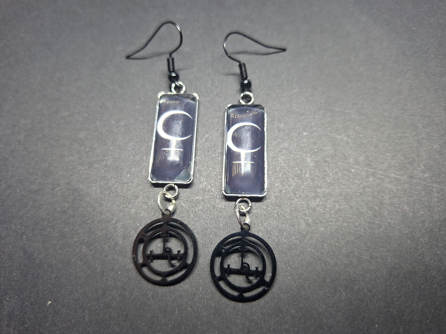Symbol of "Lilith" Inspired Stainless Steel rectangle image earrings with black sigil