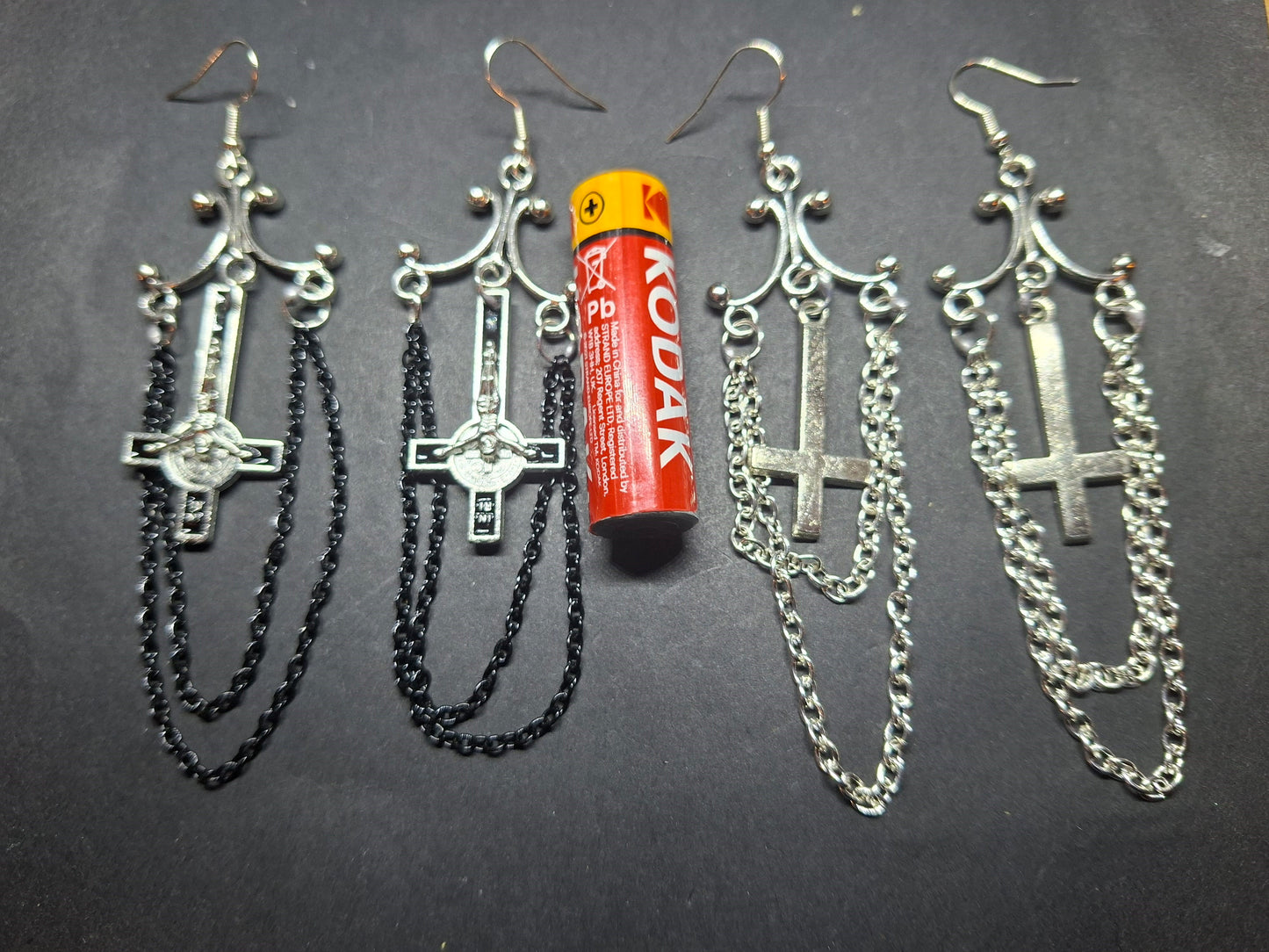 Oddity Curiosity Goth Gothic Witchy witchcraft occult satanic "Chandelier" inverted cross with chains  earrings