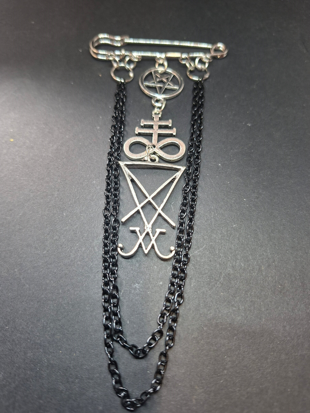 Satanic Trinity Kilt Pin Brooch with Chains – Goth Witchy Occult Wear