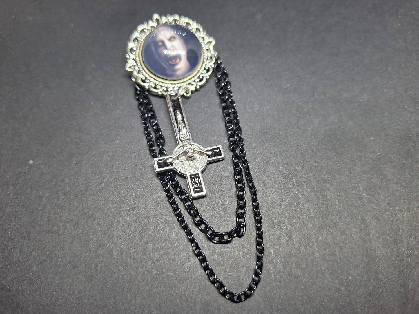 Ornate brooch with chains and inverted crucifix,The Conjuring inspired "Nun"