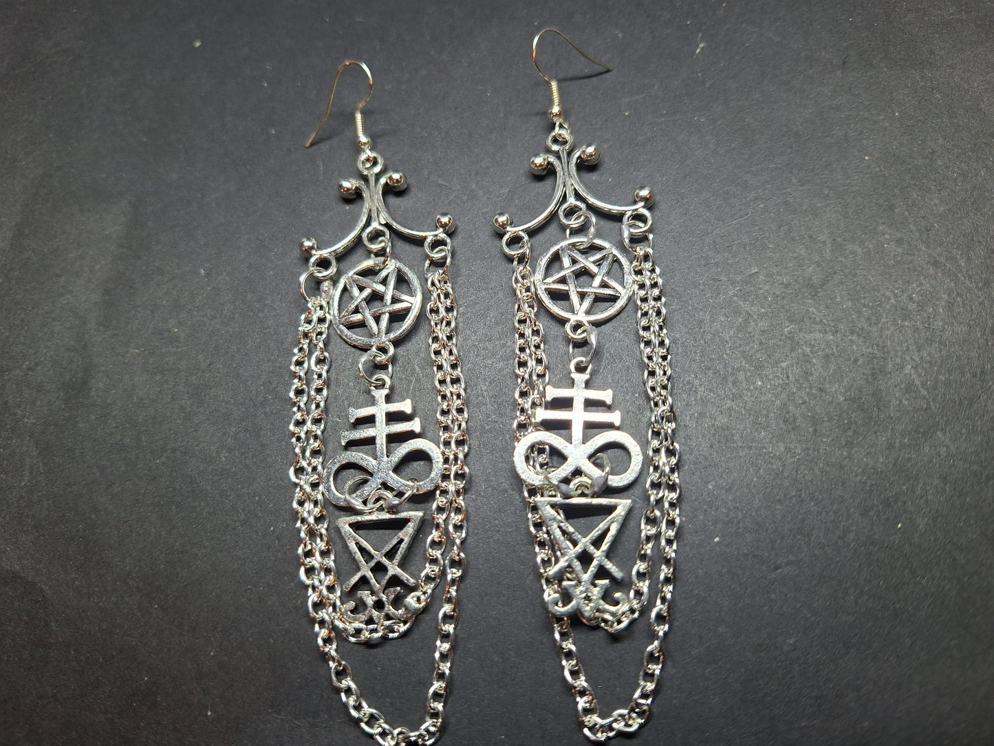 Oddity Curiosity Goth Gothic Witchy witchcraft occult satanic "Chandelier" satanic trinity with chains earrings