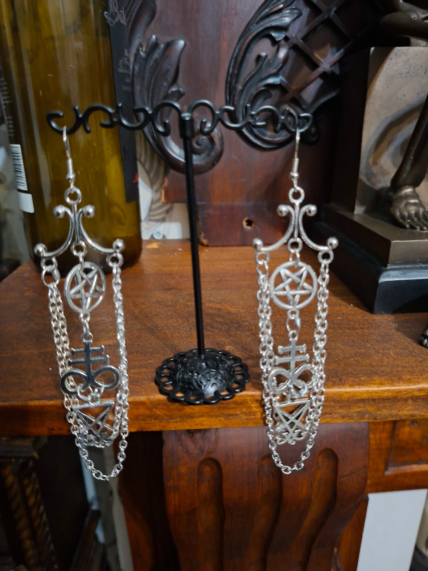 Oddity Curiosity Goth Gothic Witchy witchcraft occult satanic "Chandelier" satanic trinity with chains earrings