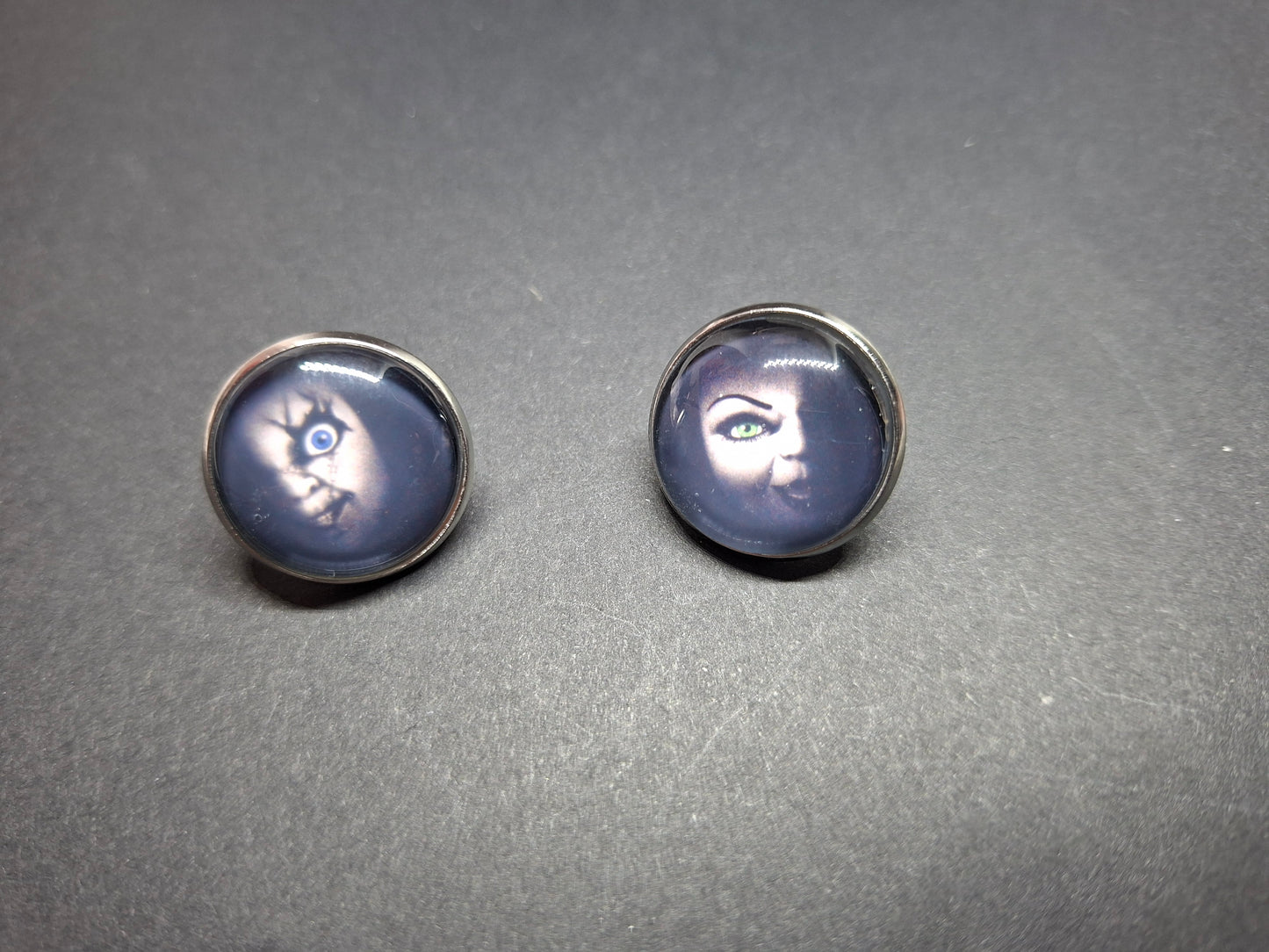 Set of 2 Pin badges inspired by  "Bride of Chucky " Chucky and tiffany