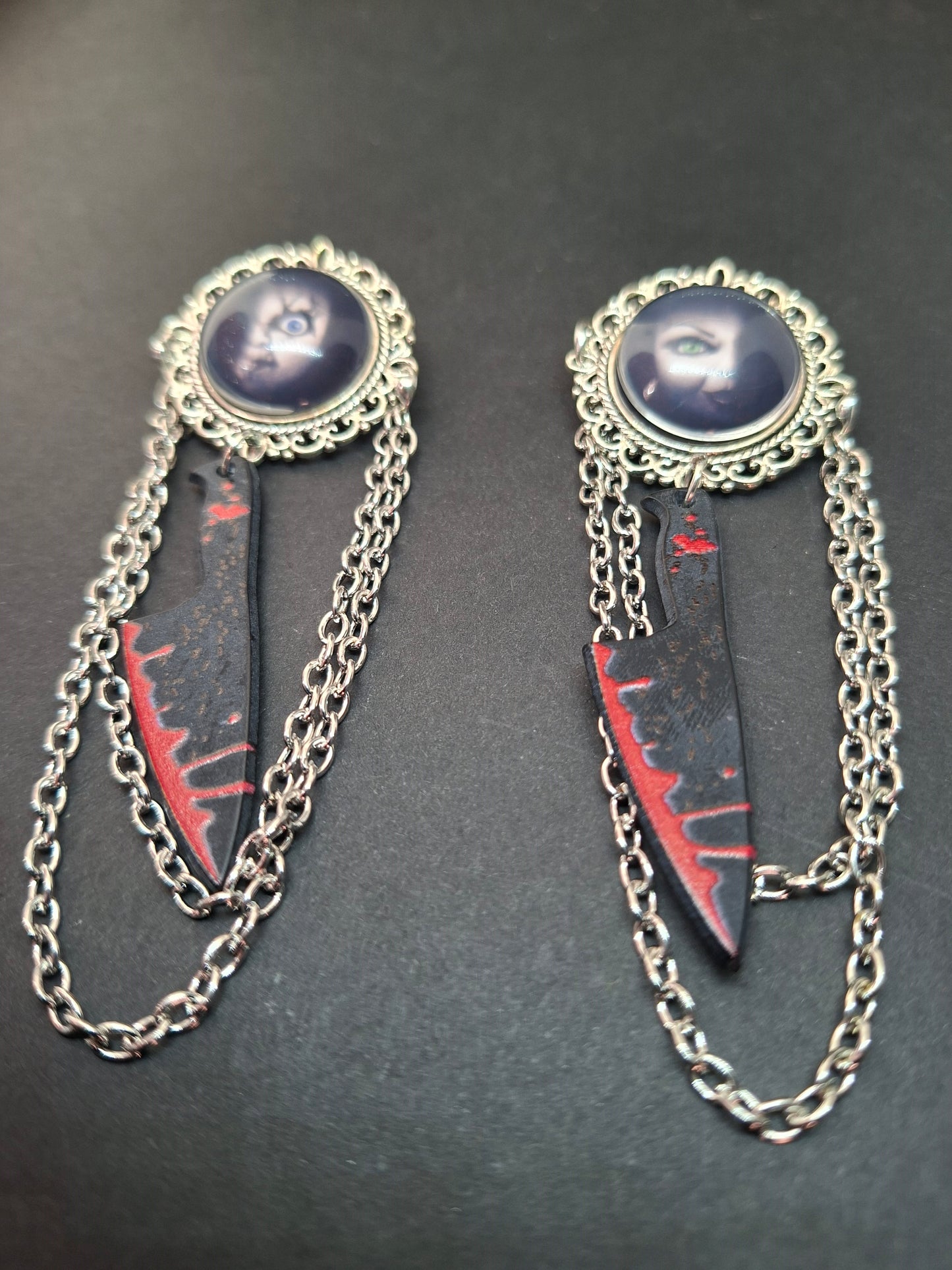 Ornate brooch with chains and blood splatter knife inspired by "Bride of Chucky " Chucky and tiffany