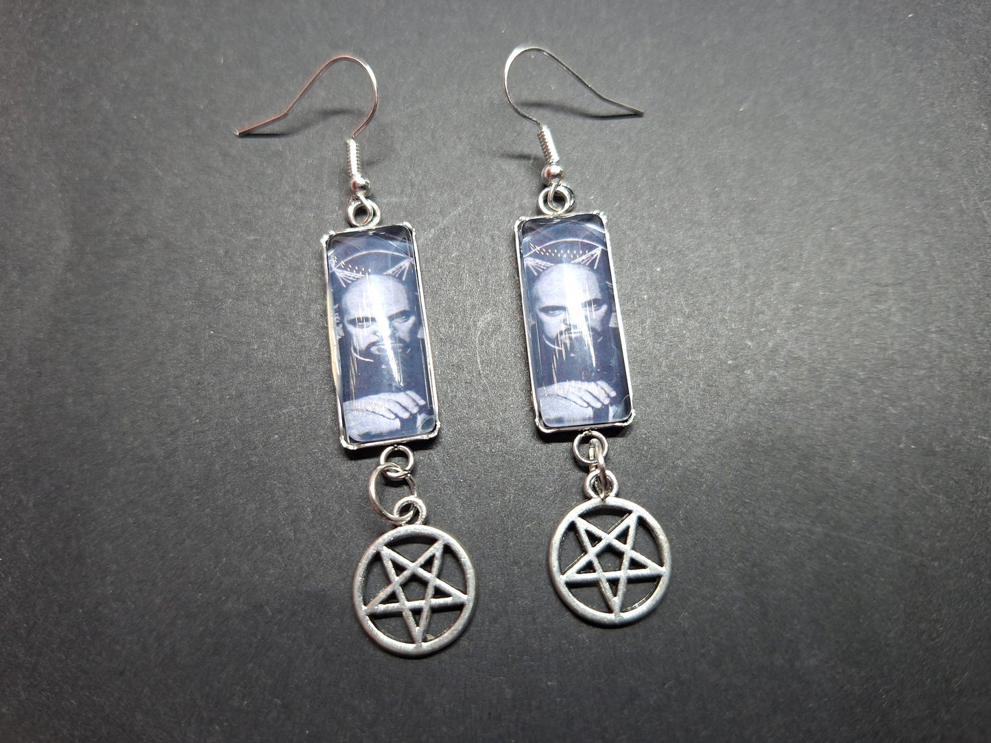 Stainless Steel rectangle image earrings, Satanic Anton LaVey inspired with inverted pentagram