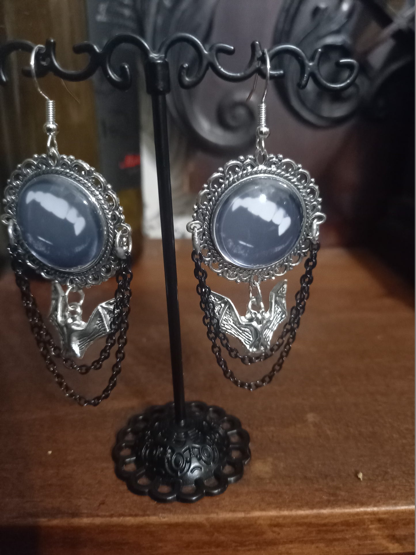 Goth Gothic Witchy Killstar Vampire " FANGS" deluxe ornate earrings with bat charm And chains