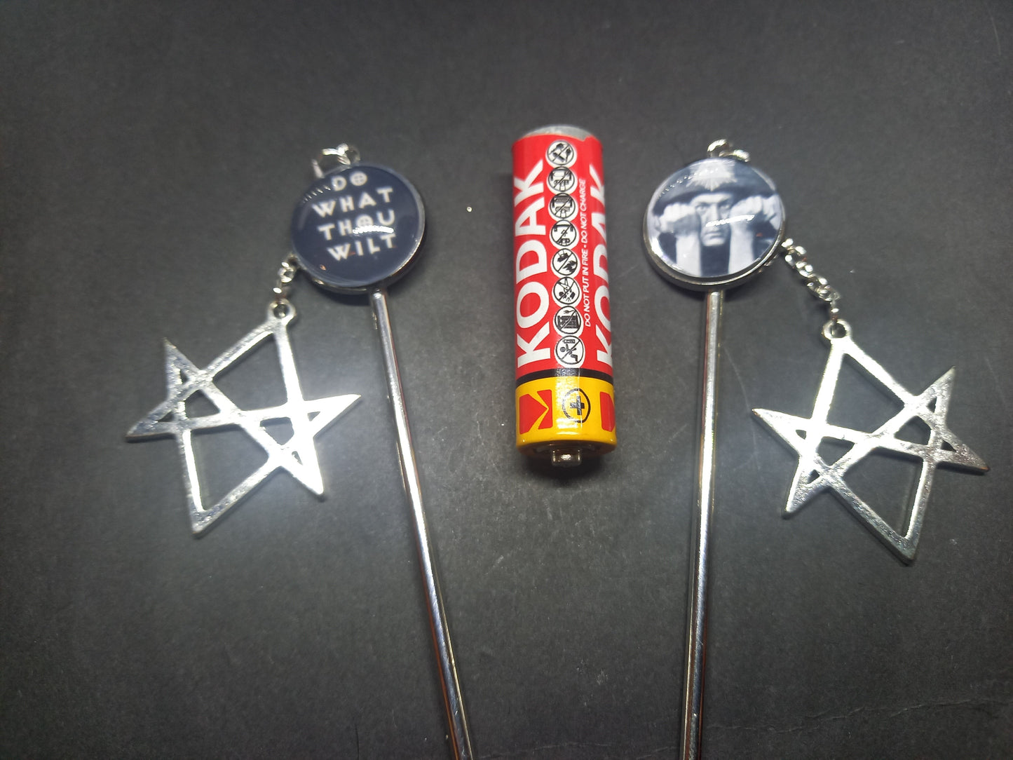 Goth Gothic Witchy witch witchcraft  Occultist Satanic Aleister Crowley "Thelema" hair stick with unicursal hexagram