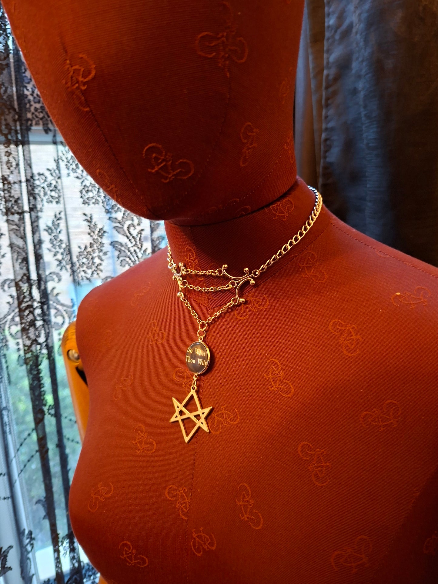 Goth Gothic Witchy Occult Aleister Crowley, unicursal hexagram  " Thelema Magick  " chandelier choker/necklace