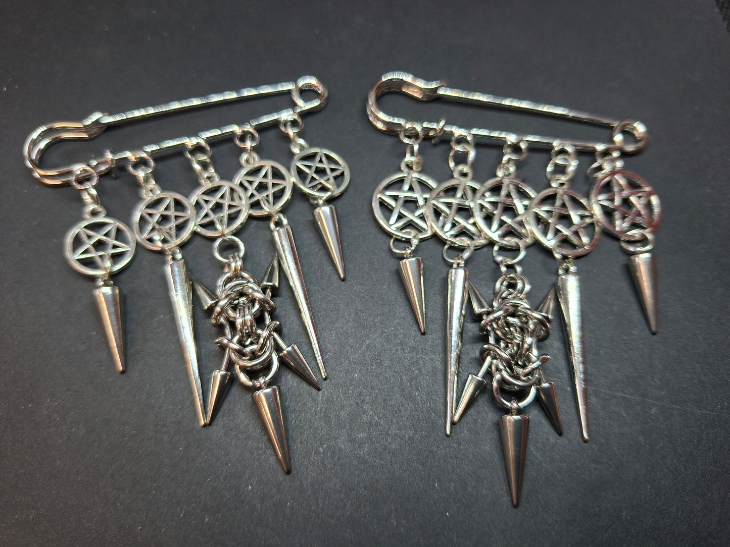 Kilt Pin Brooch "chain mail spiked with pentagrams", goth witchy occult style