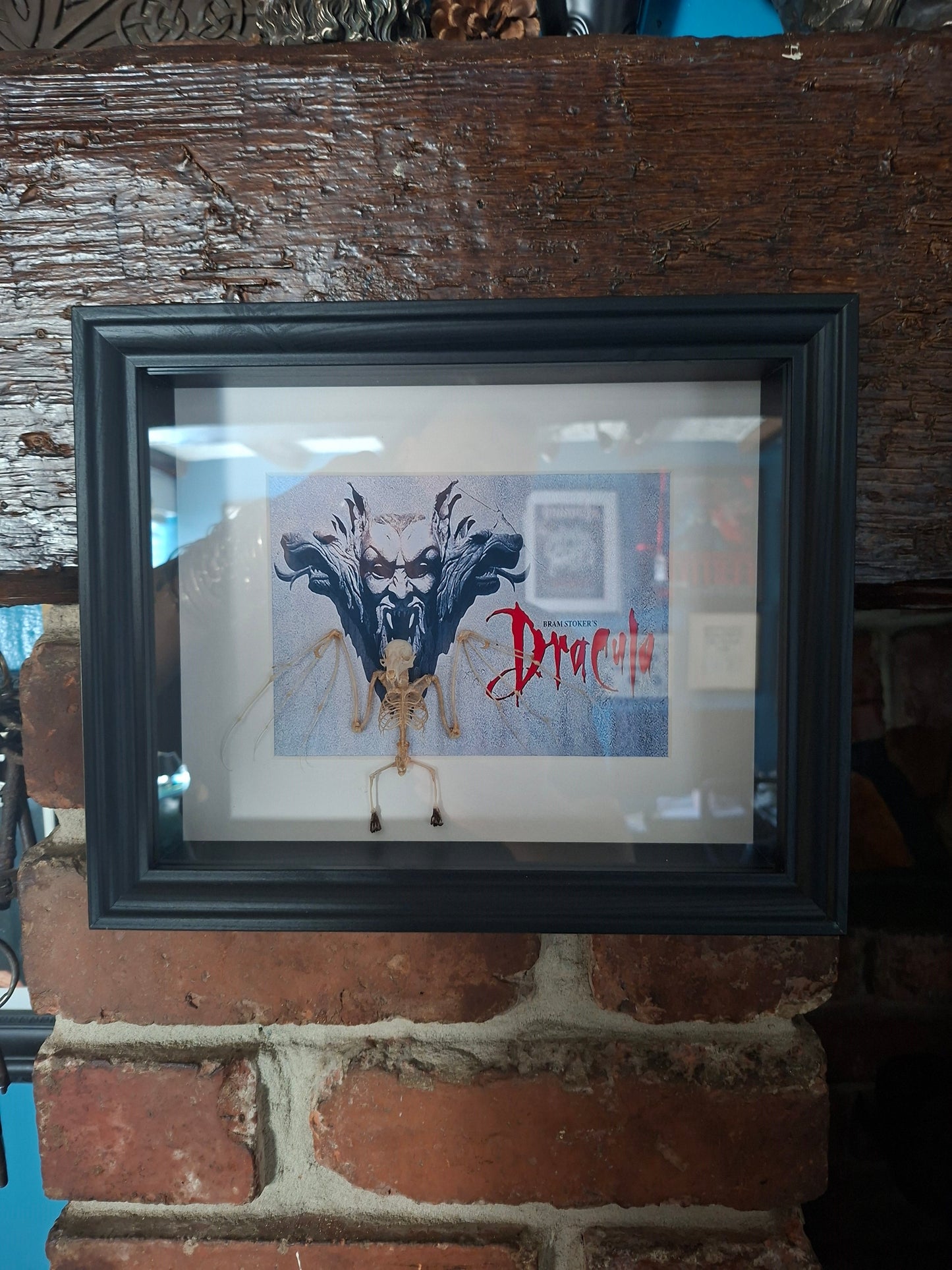 Bat Skeleton Taxidermy framed Art ,with Francis Ford Coppola's "dracula" inspired background  , Oddity Curiosity Gothic Witchy Homewares