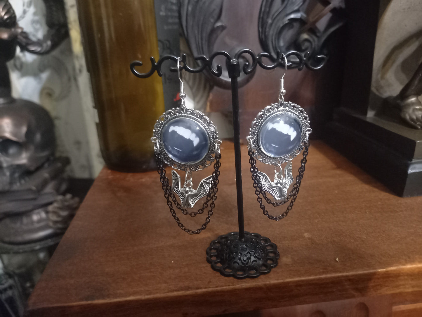 Goth Gothic Witchy Killstar Vampire " FANGS" deluxe ornate earrings with bat charm And chains