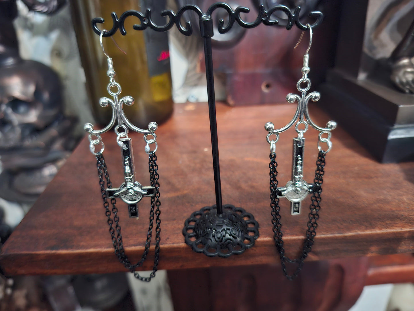 Oddity Curiosity Goth Gothic Witchy witchcraft occult satanic "Chandelier" inverted cross with chains  earrings
