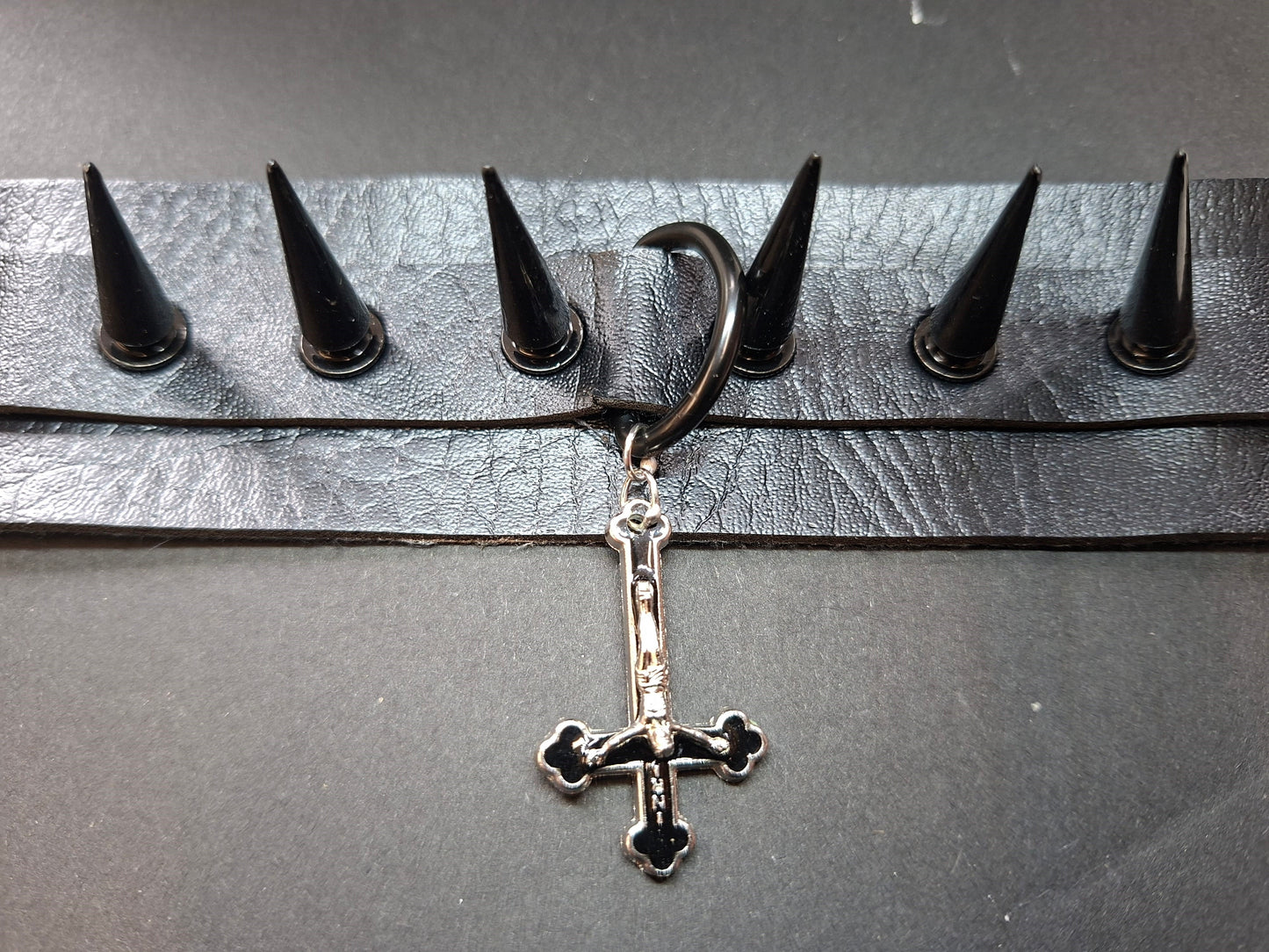 Black Faux Leather & 10 spikes Collar with inveted metal crucifix ,goth witchy style