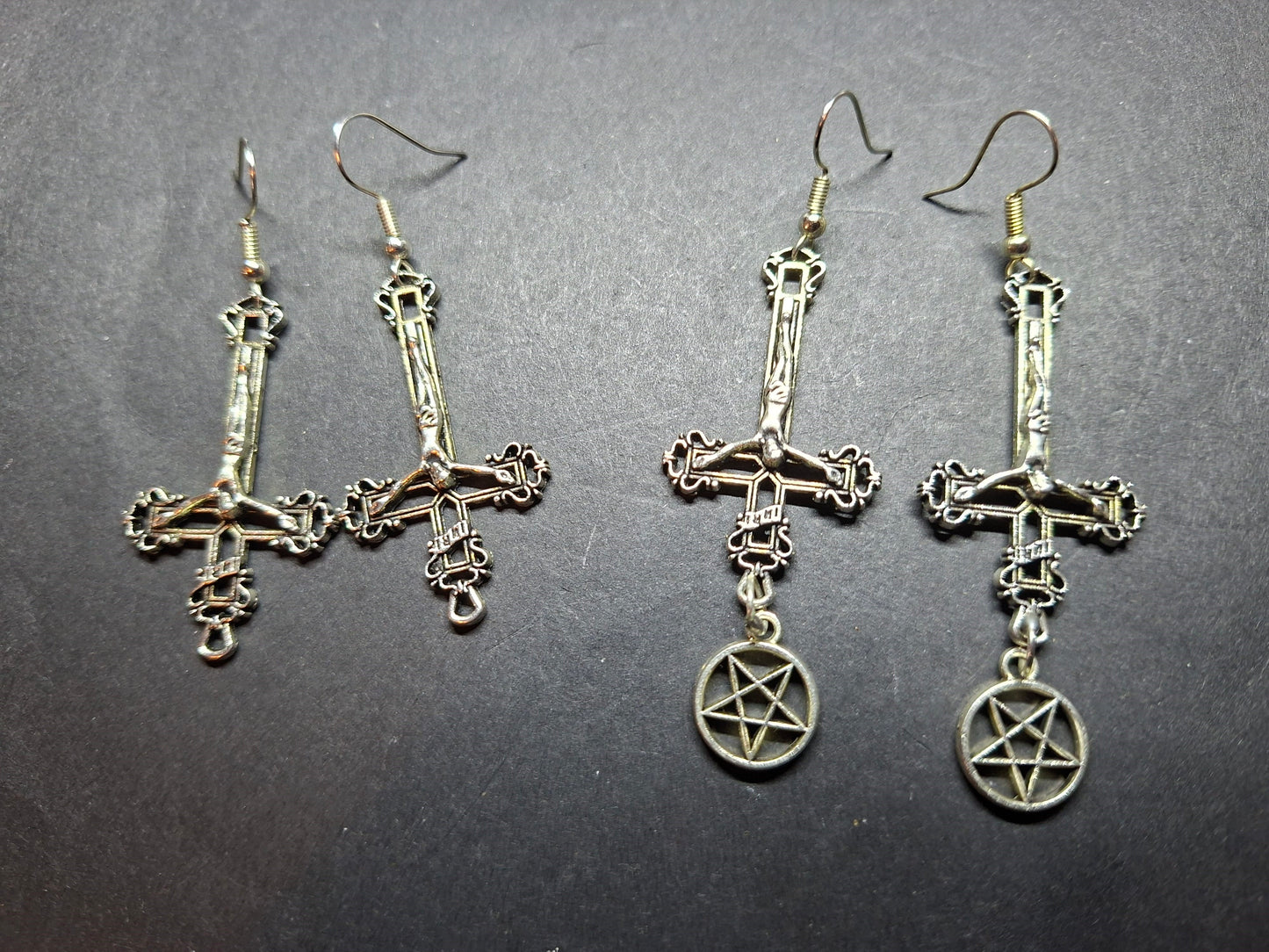 Witchy goth satanic occult witchcraft , Inverted Crucifix Earrings with Pentagram, Ritual Jewelry