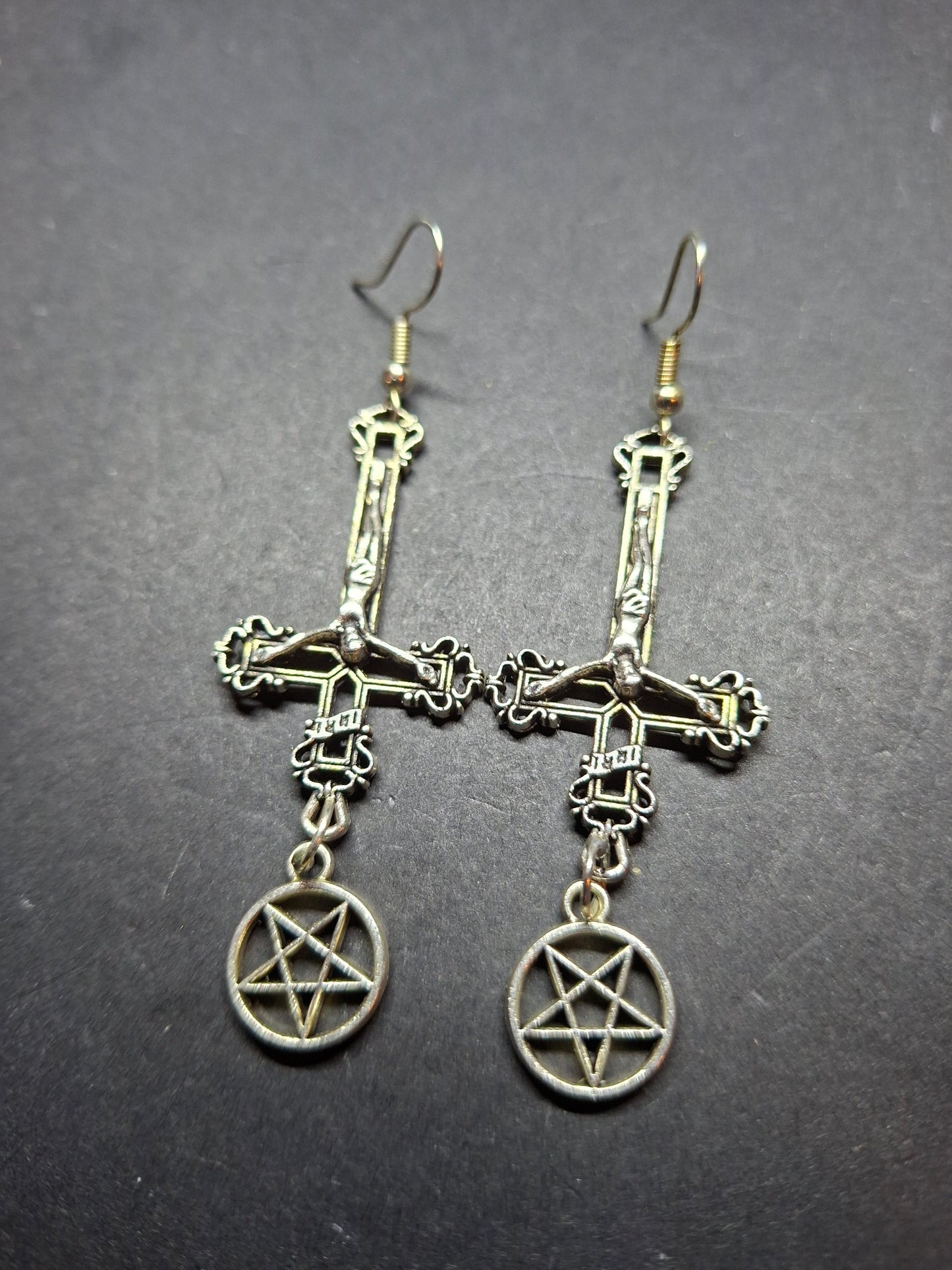 Witchy goth satanic occult witchcraft , Inverted Crucifix Earrings with Pentagram, Ritual Jewelry