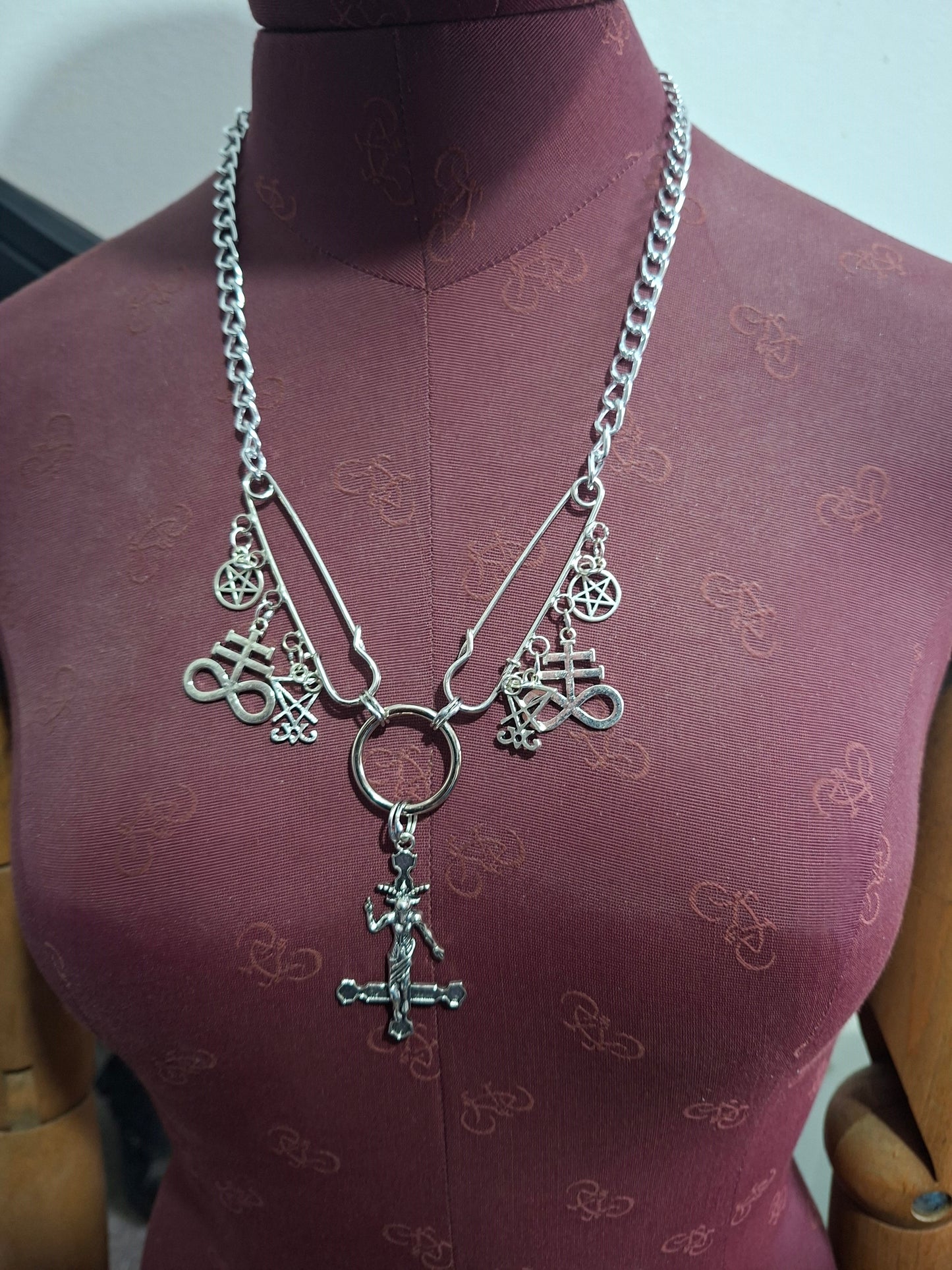Kilt pin necklace ,Baphomet cross,satanic trinity :Gothic witchy satanic aesthetic