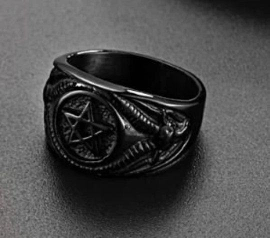 gothic witchy Unisex Black Stainless Steel inverted pentagram and goats Ring