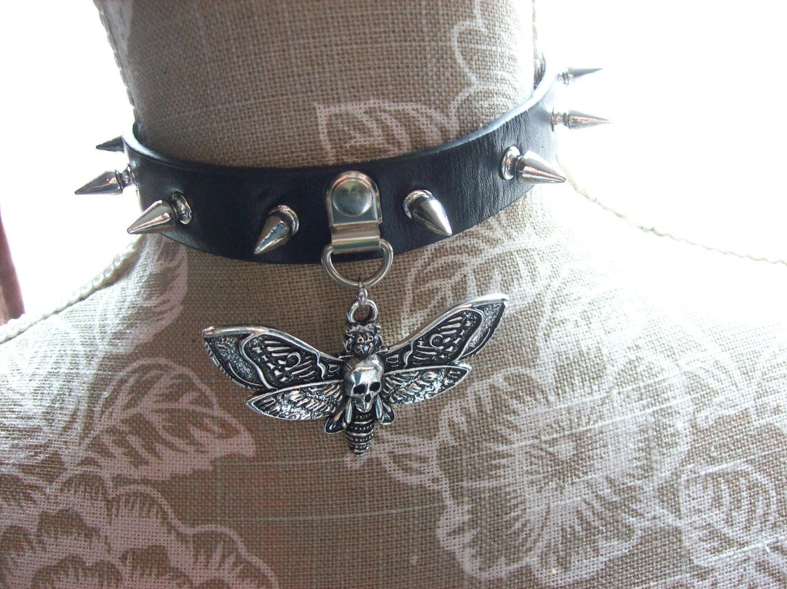 Kawaii Pastel Nu Goth Gothic Witchy witchcraft Occult Pagan Wicca Black Metal UNISEX Death Head Moth Black Faux Leather 10 Spiked Collar